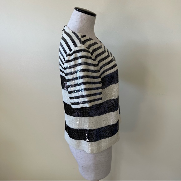 Veronica Beard Black Striped Sequin Boxy Crewneck Tee - Picture 4 of 12